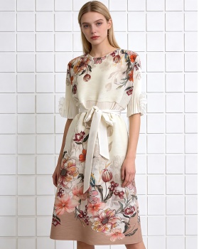 Slim loose bandage disk flowers splice printing dress