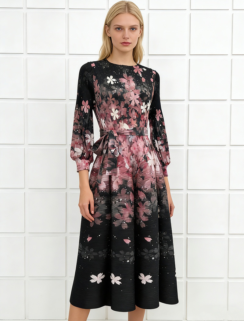 Slim elegant France style printing bandage fold dress