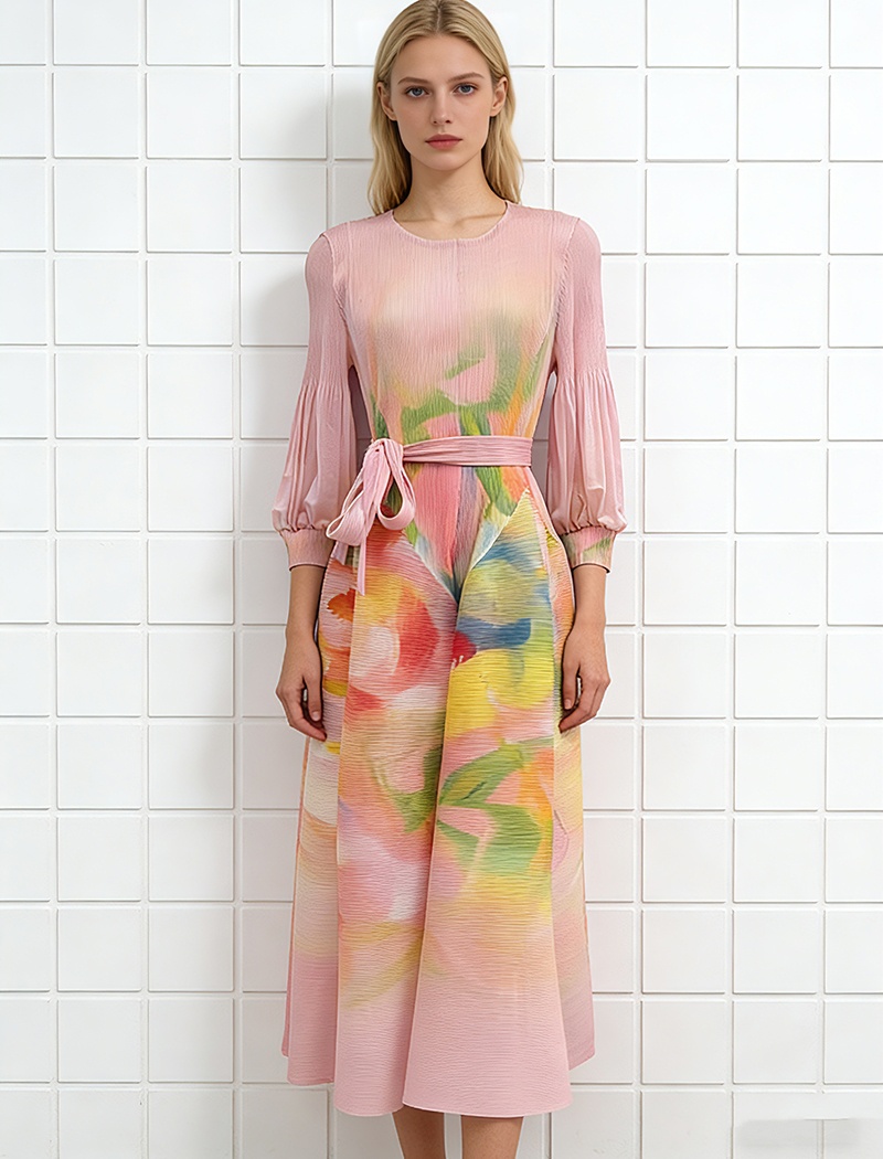 Slim elegant France style printing bandage fold dress