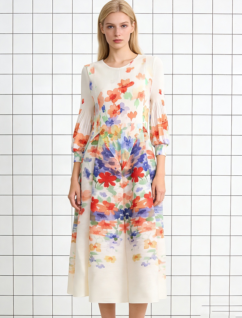 Slim elegant France style printing bandage fold dress