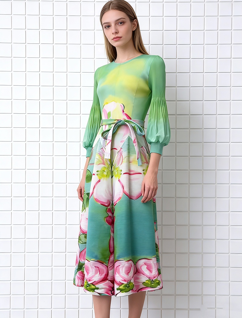 Slim elegant France style printing bandage fold dress