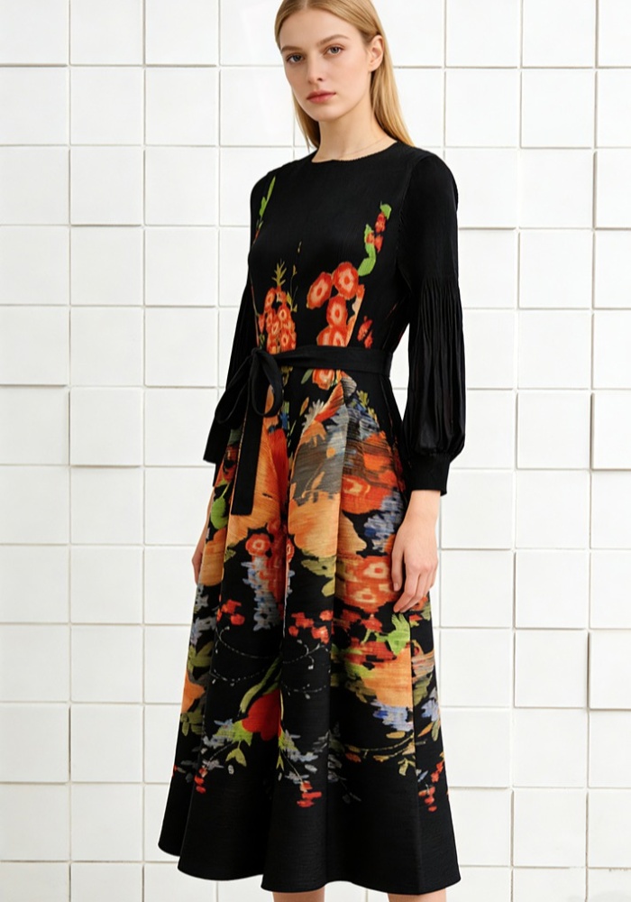 Slim elegant France style printing bandage fold dress