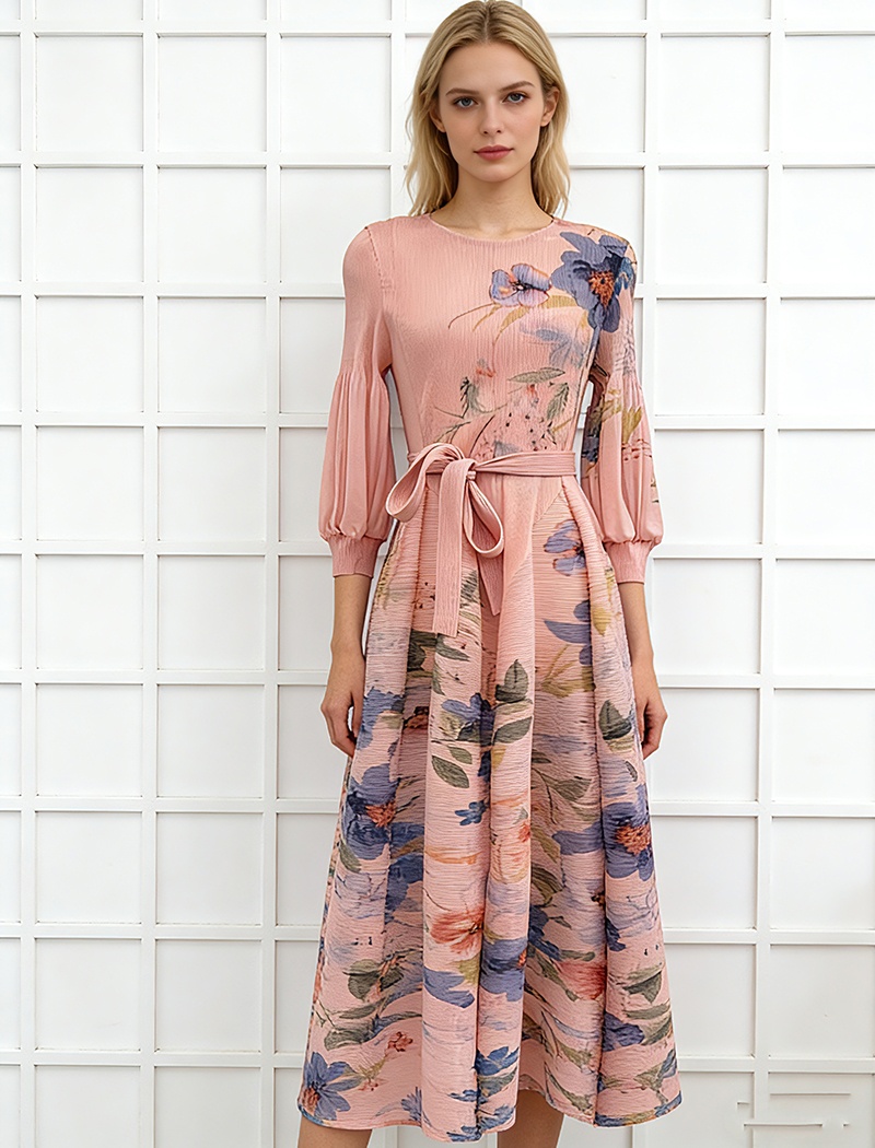 Slim elegant France style printing bandage fold dress