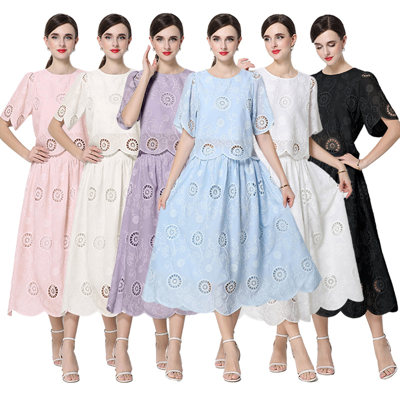 High waist hollow tops round neck embroidery skirt 2pcs set
