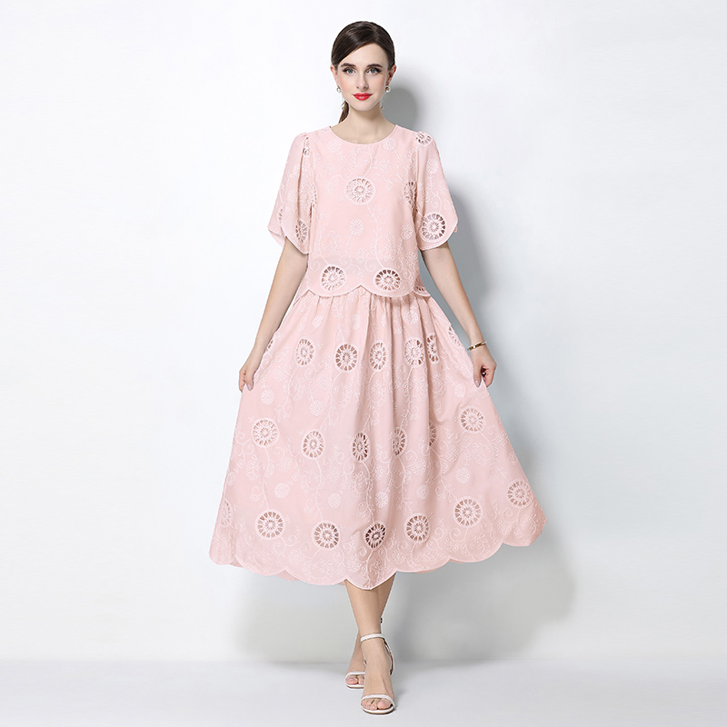 High waist hollow tops round neck embroidery skirt 2pcs set