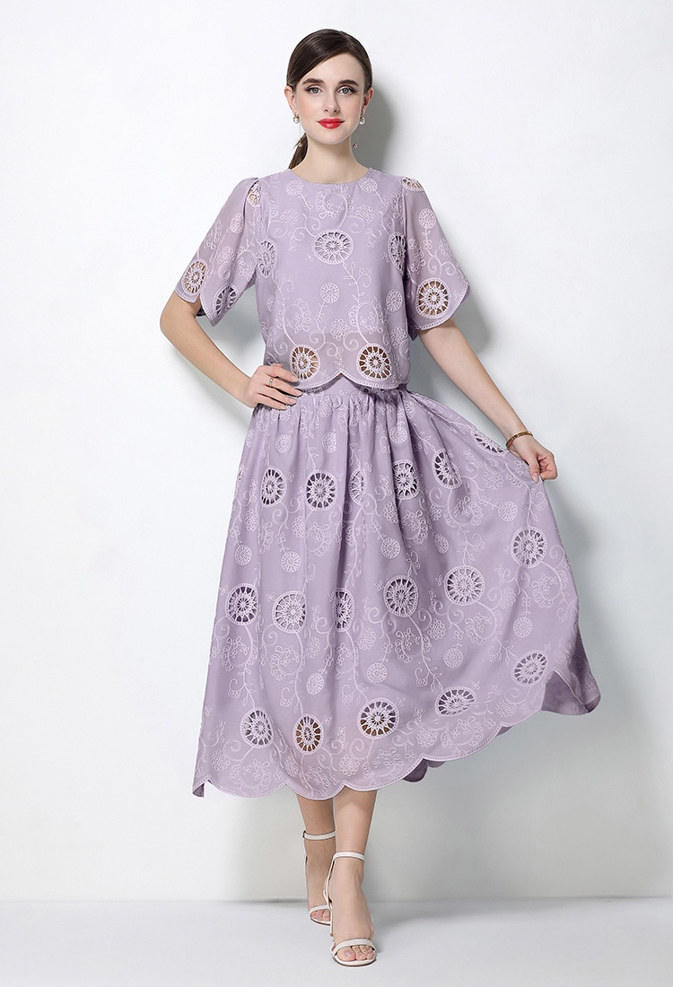 High waist hollow tops round neck embroidery skirt 2pcs set