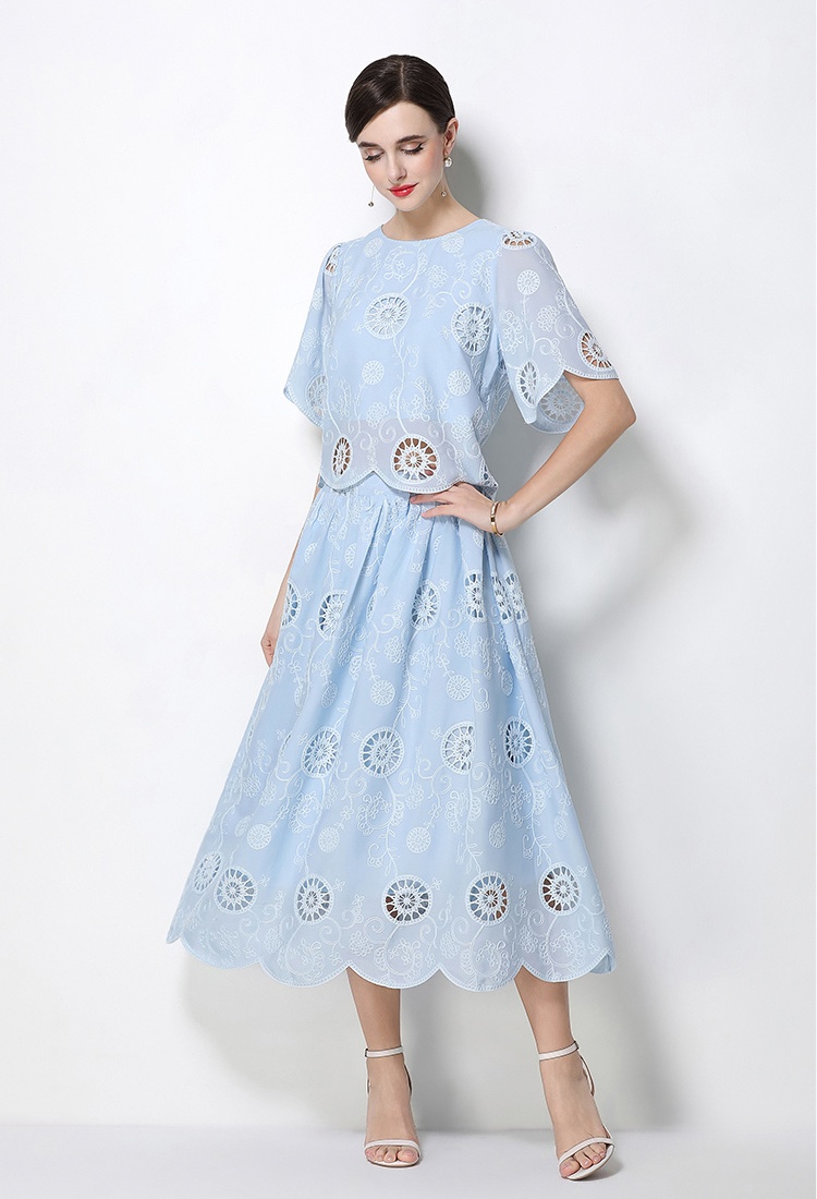 High waist hollow tops round neck embroidery skirt 2pcs set