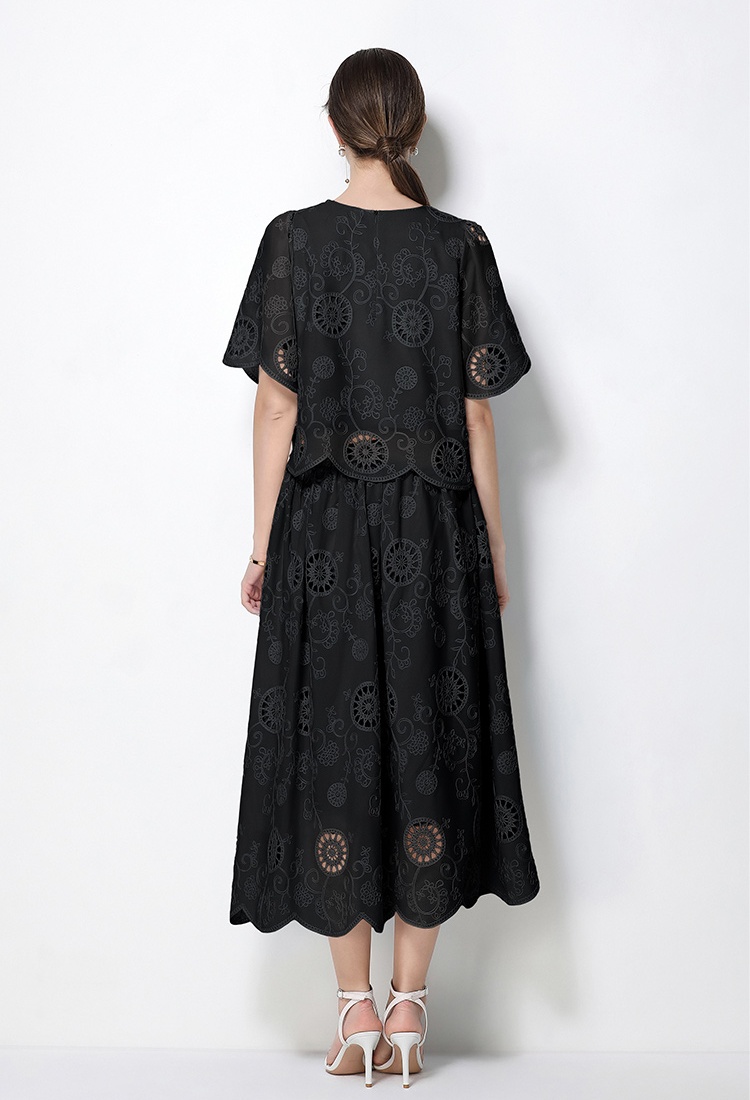 High waist hollow tops round neck embroidery skirt 2pcs set