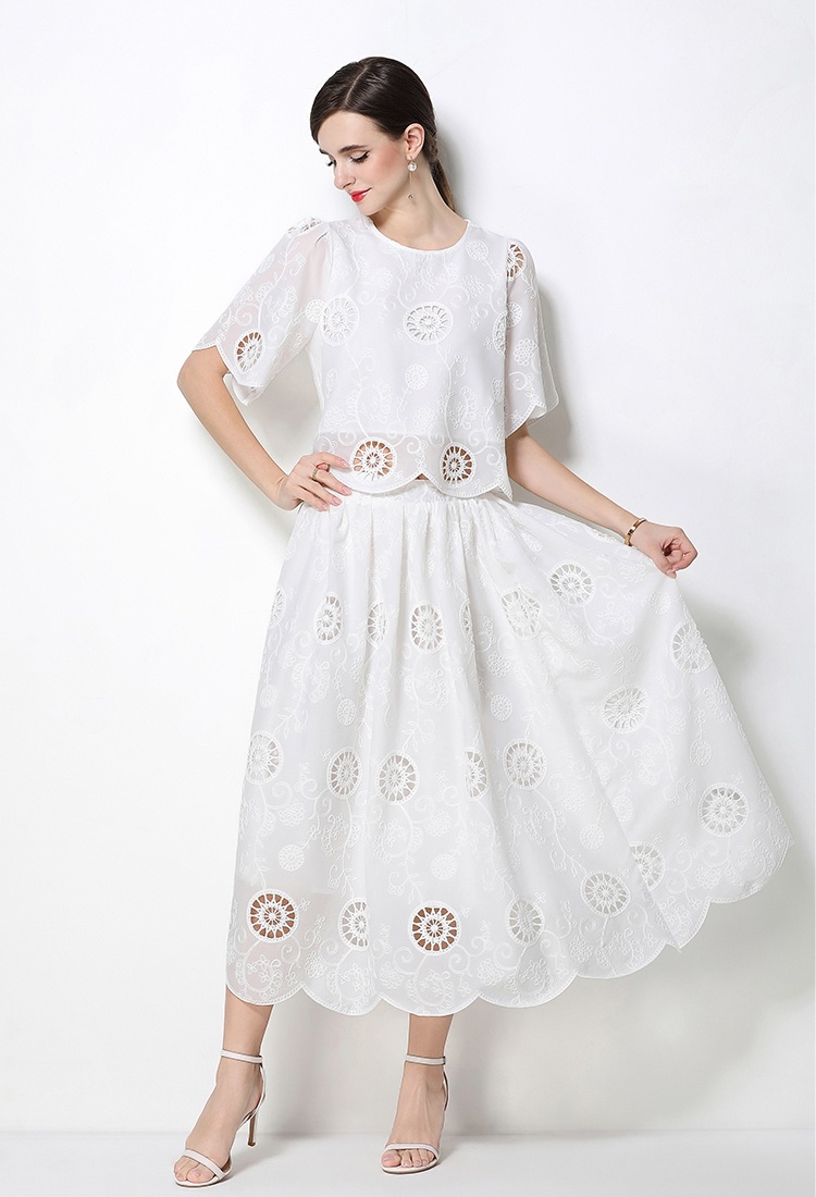 High waist hollow tops round neck embroidery skirt 2pcs set