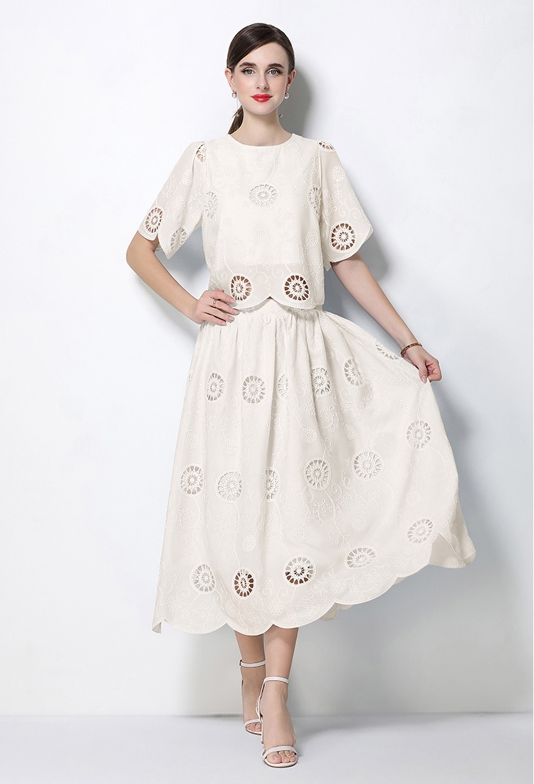 High waist hollow tops round neck embroidery skirt 2pcs set