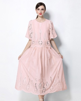 Hollow high waist tops round neck embroidery skirt