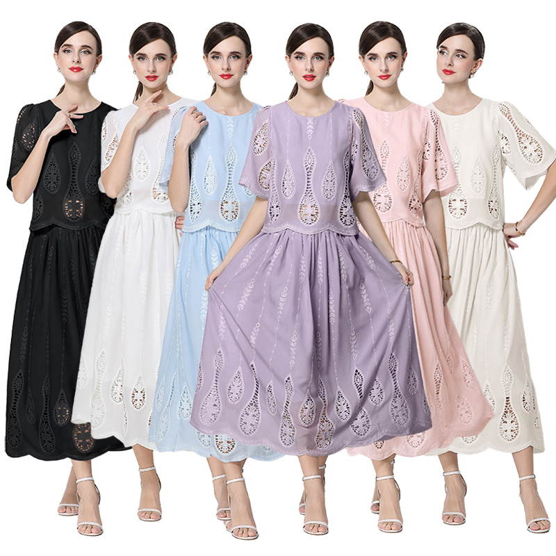 Hollow high waist tops round neck embroidery skirt