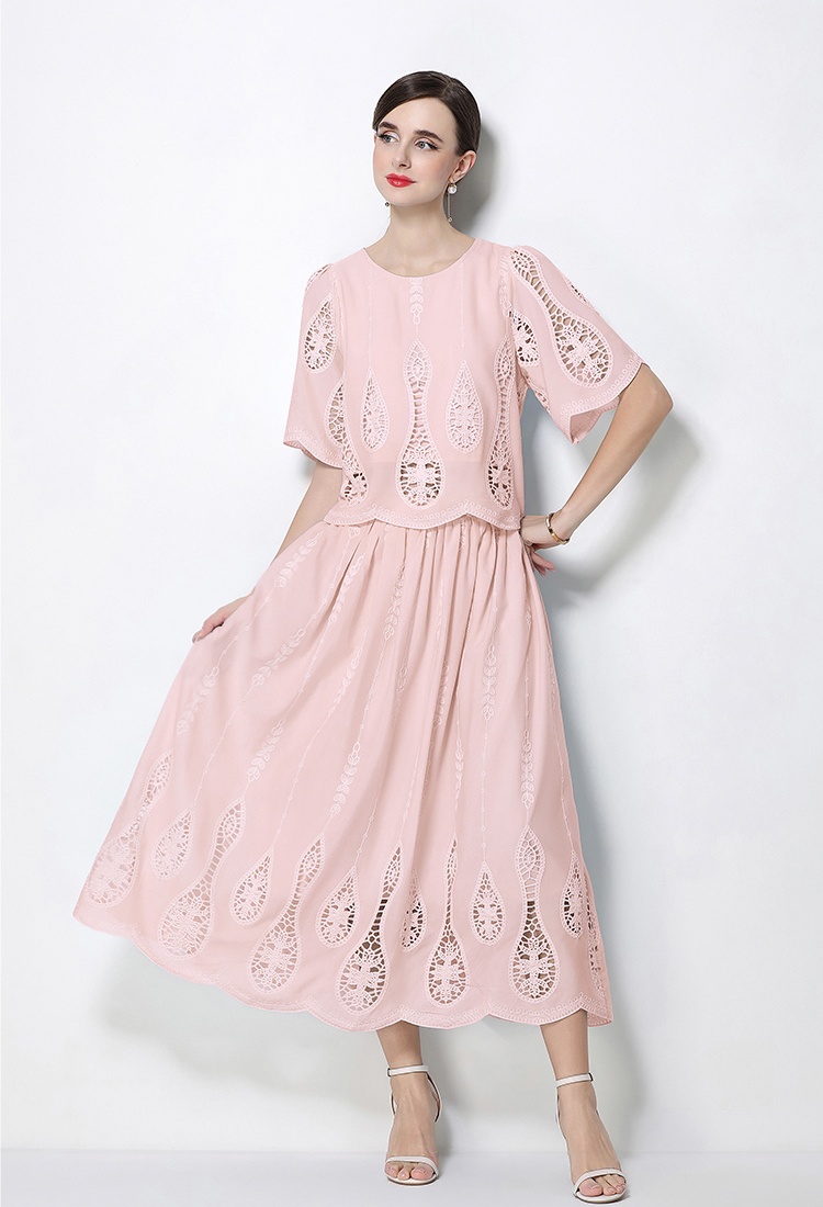 Hollow high waist tops round neck embroidery skirt
