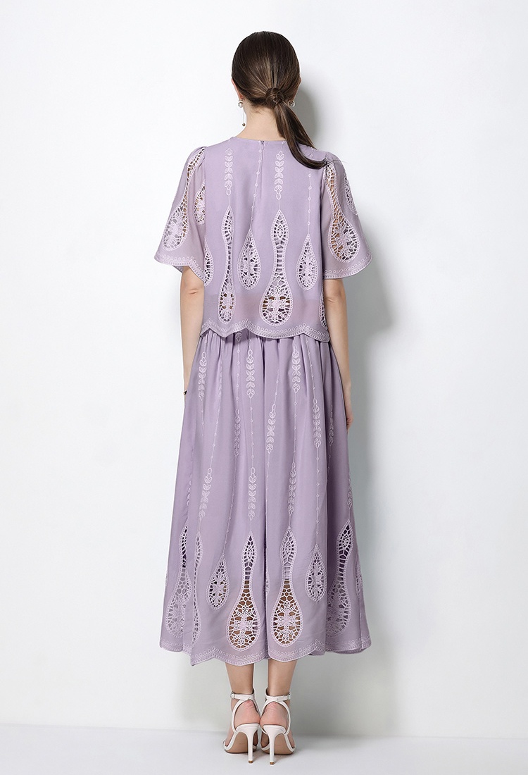 Hollow high waist tops round neck embroidery skirt