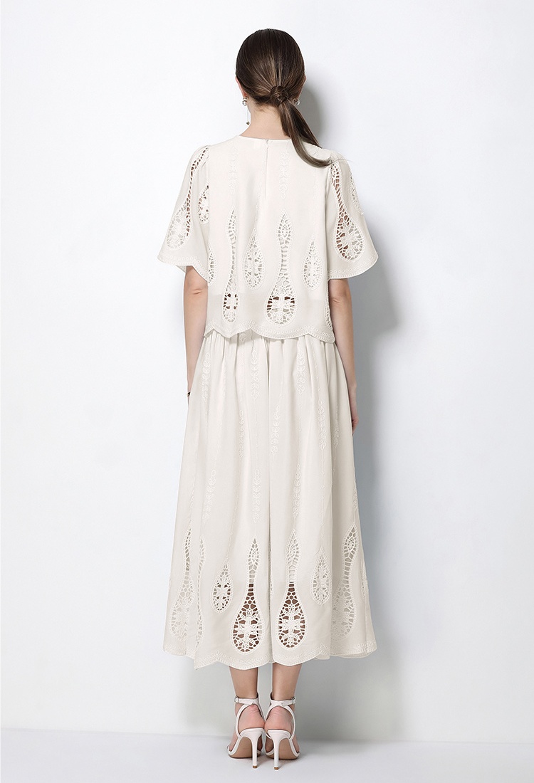 Hollow high waist tops round neck embroidery skirt