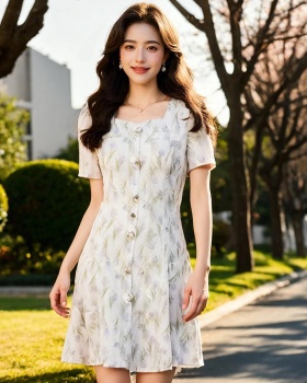 Temperament square collar floral dress for women