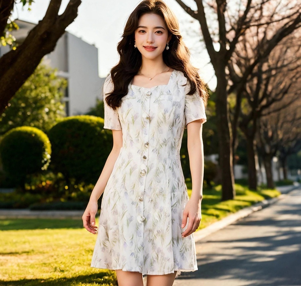 Temperament square collar floral dress for women