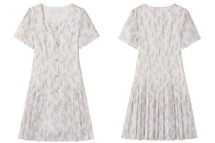 Temperament square collar floral dress for women