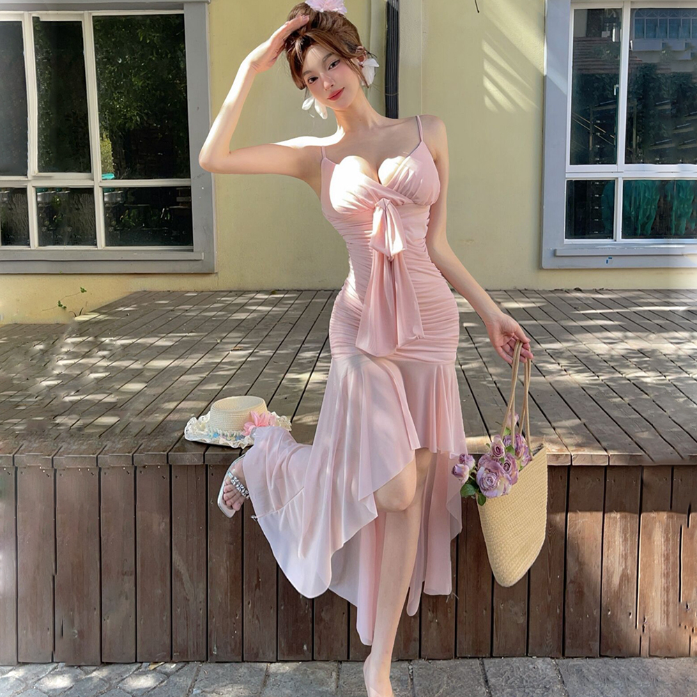 Enticement vacation halter dress slim pink formal dress