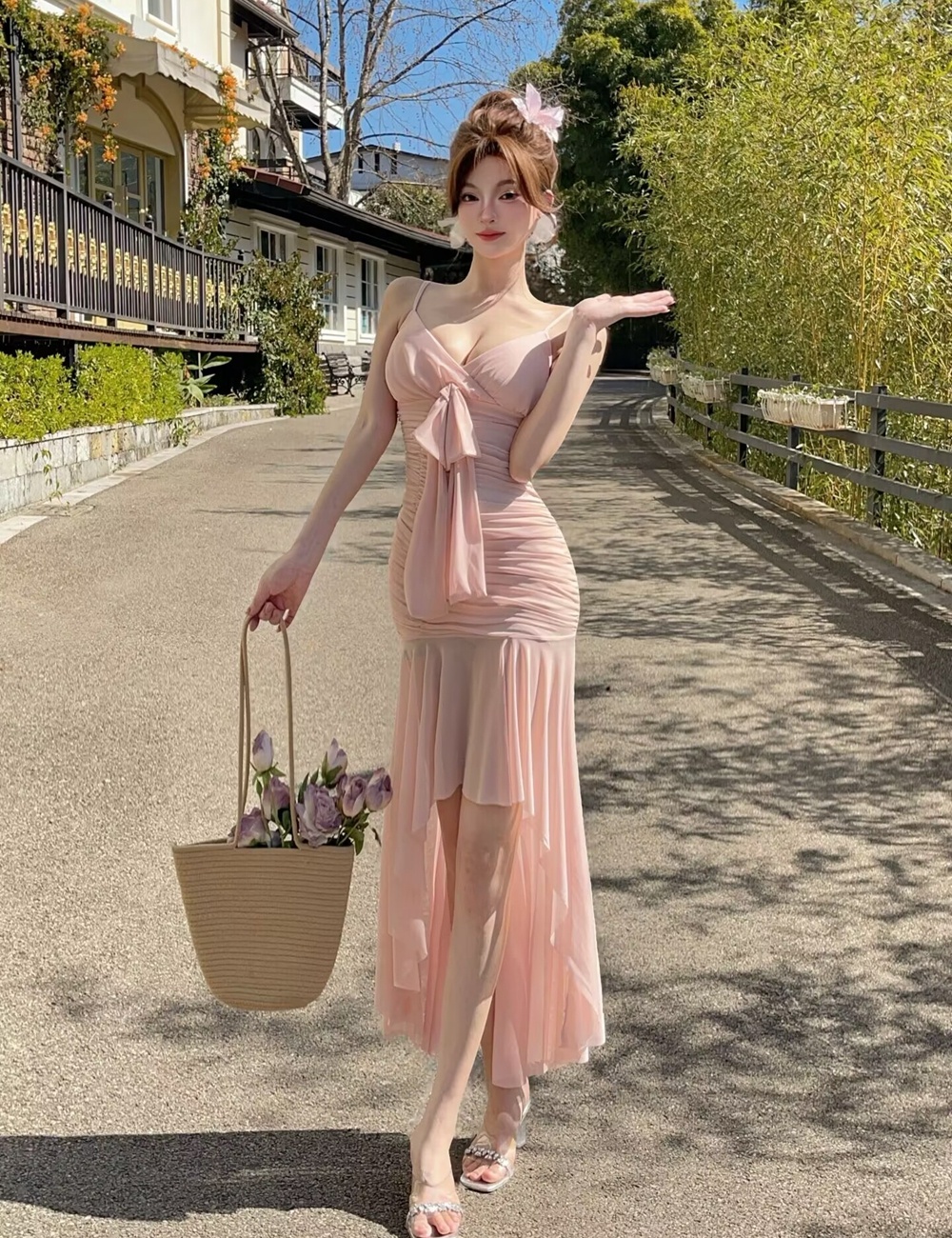 Enticement vacation halter dress slim pink formal dress