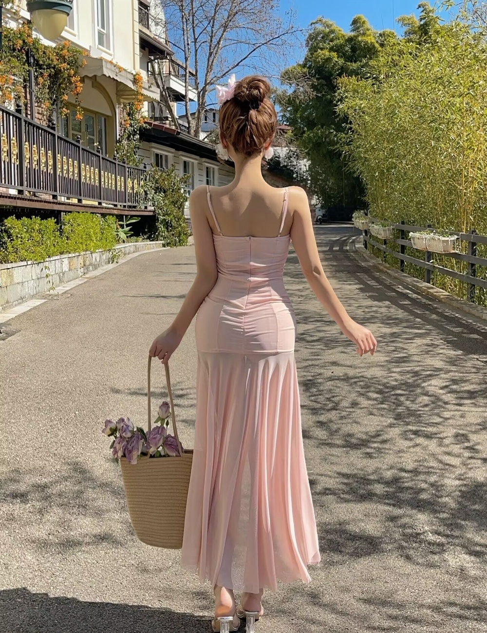 Enticement vacation halter dress slim pink formal dress