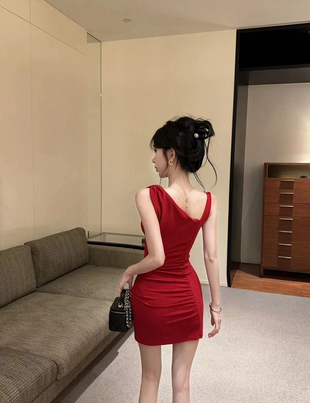 Sexy slim dress sloping shoulder T-back for women