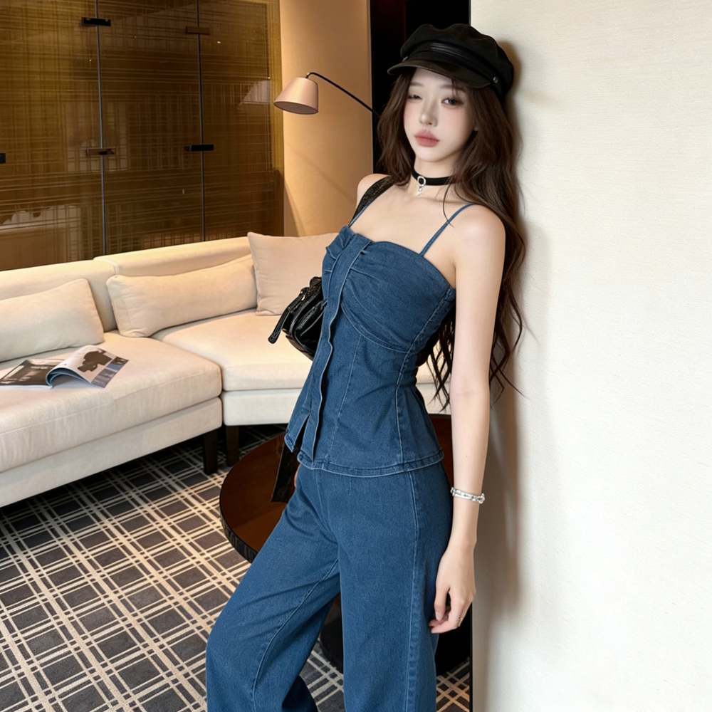 Slim sling long pants European style vest 2pcs set