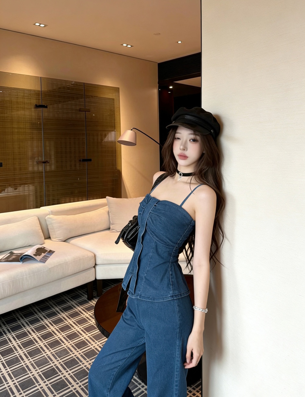 Slim sling long pants European style vest 2pcs set