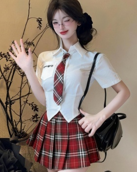 Plaid pleated dress short sleeve summer Woolen dress 3pcs set