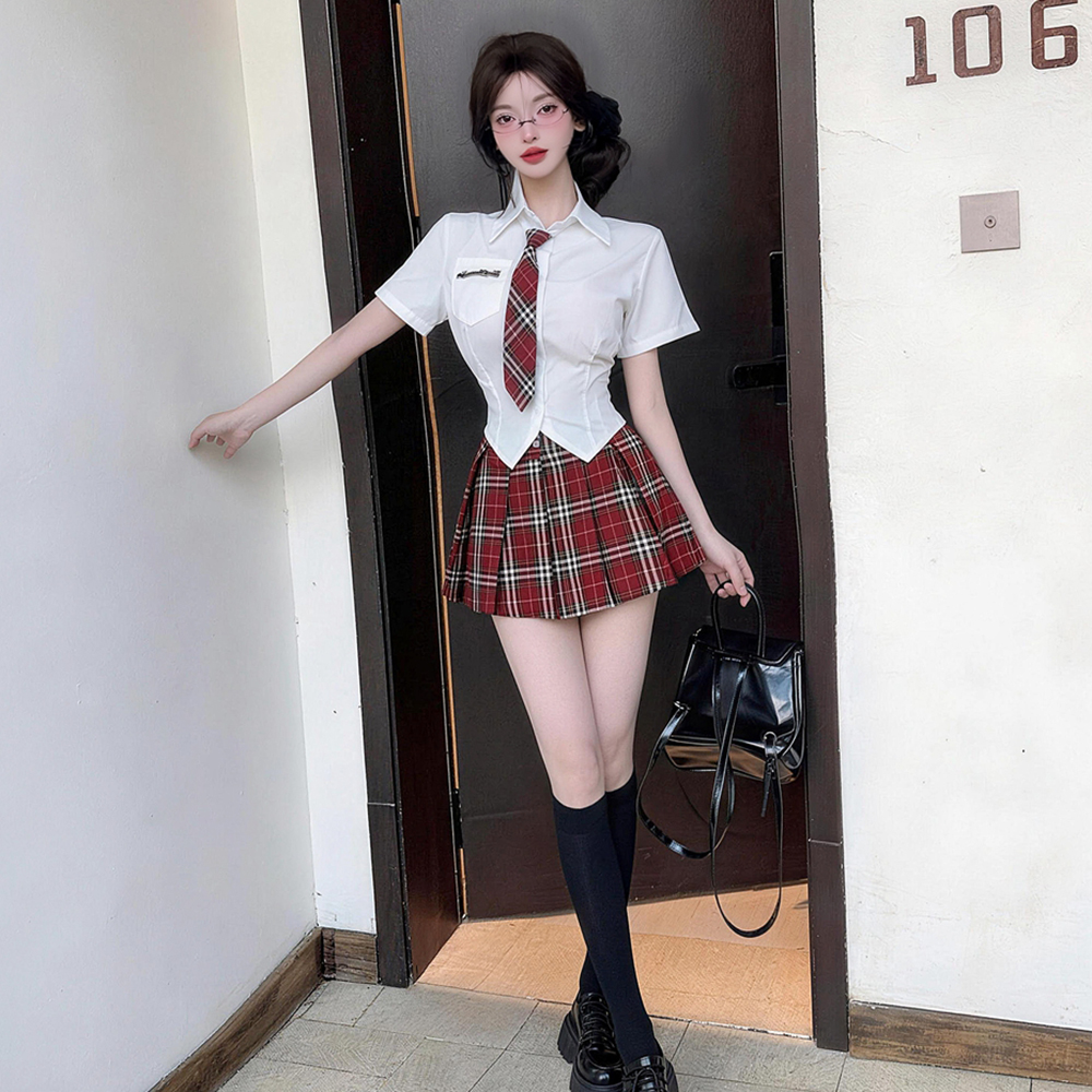 Plaid pleated dress short sleeve summer Woolen dress 3pcs set