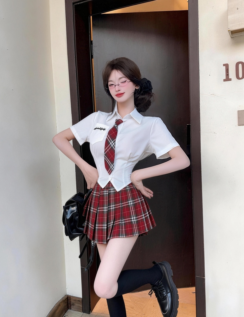 Plaid pleated dress short sleeve summer Woolen dress 3pcs set