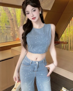 Summer wide leg vest starry long pants 2pcs set for women