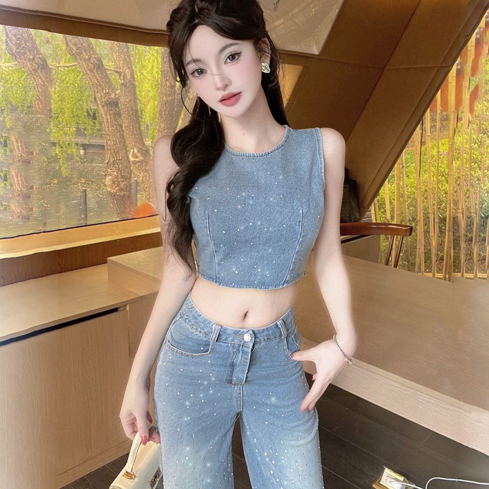 Summer wide leg vest starry long pants 2pcs set for women