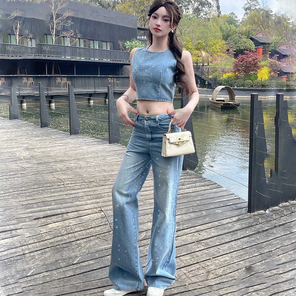 Summer wide leg vest starry long pants 2pcs set for women