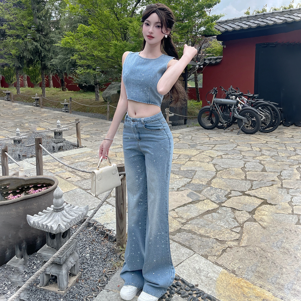 Summer wide leg vest starry long pants 2pcs set for women