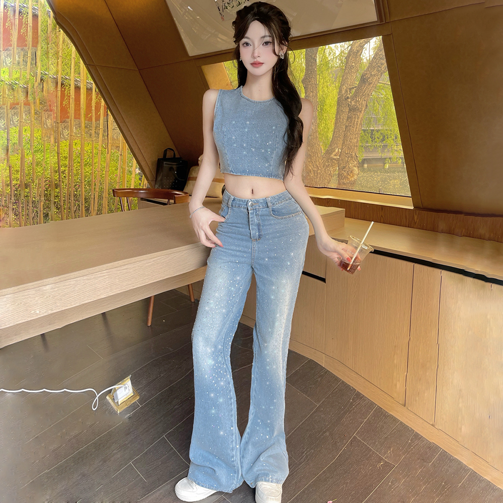 Summer wide leg vest starry long pants 2pcs set for women