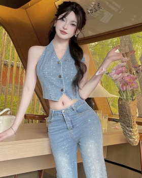 V-neck rhinestone vest denim tops a set for women