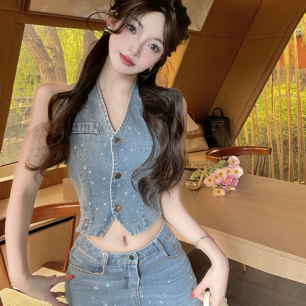 V-neck rhinestone vest denim tops a set for women