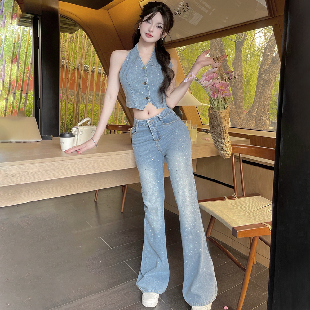 V-neck rhinestone vest denim tops a set for women