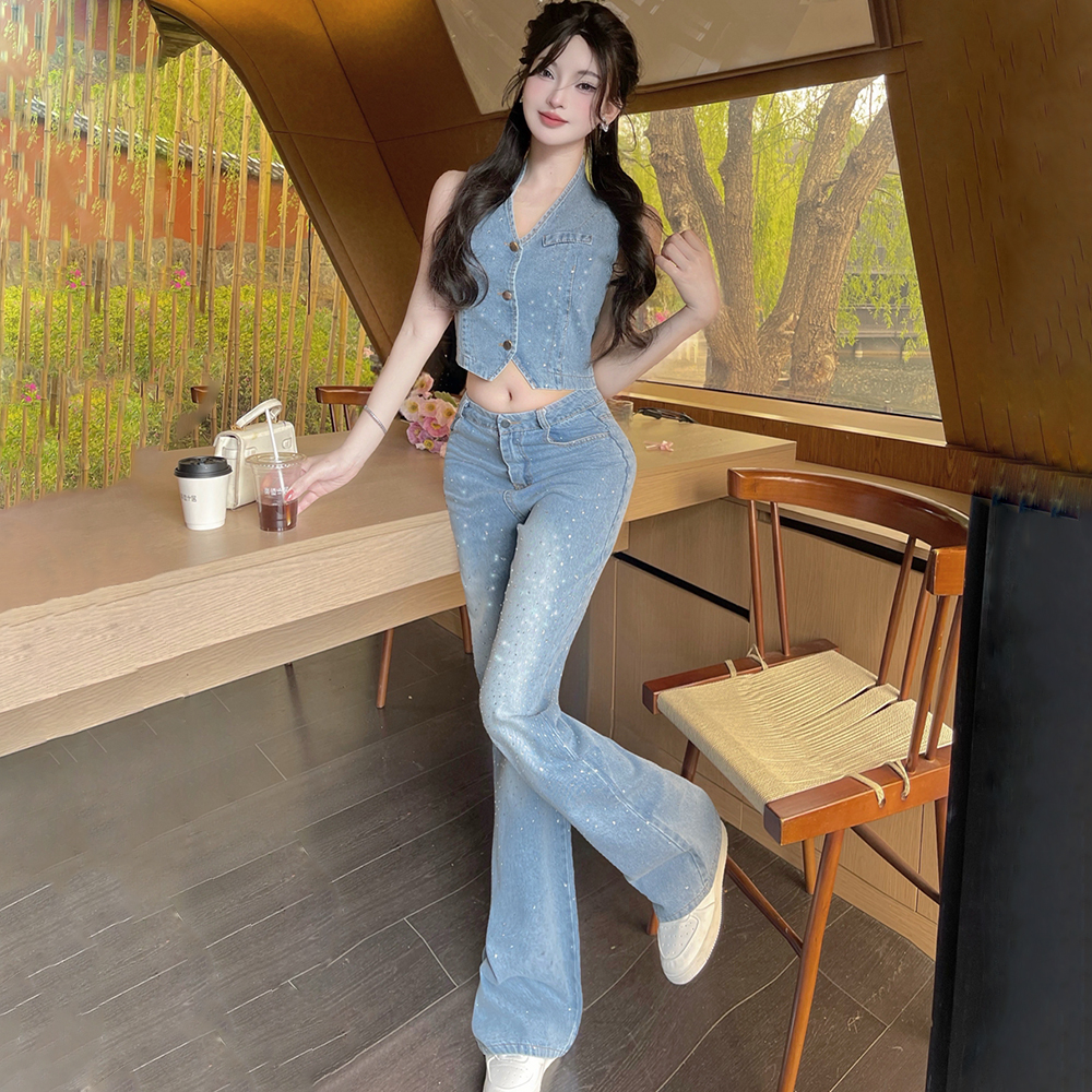 V-neck rhinestone vest denim tops a set for women