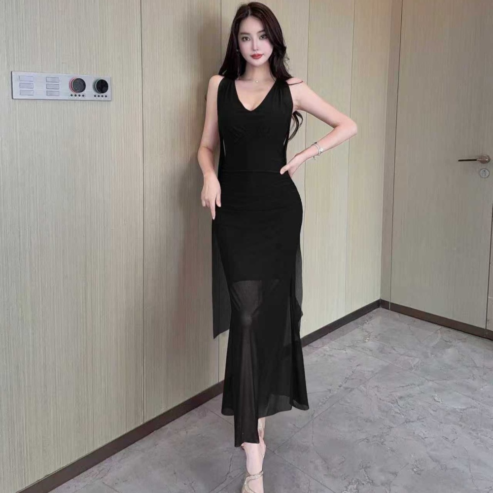 Strapless sleeveless long low-cut bottoming gauze dress