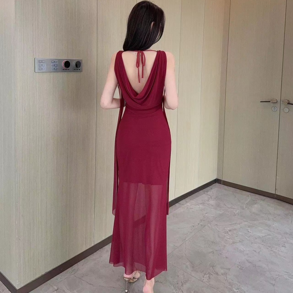 Strapless sleeveless long low-cut bottoming gauze dress