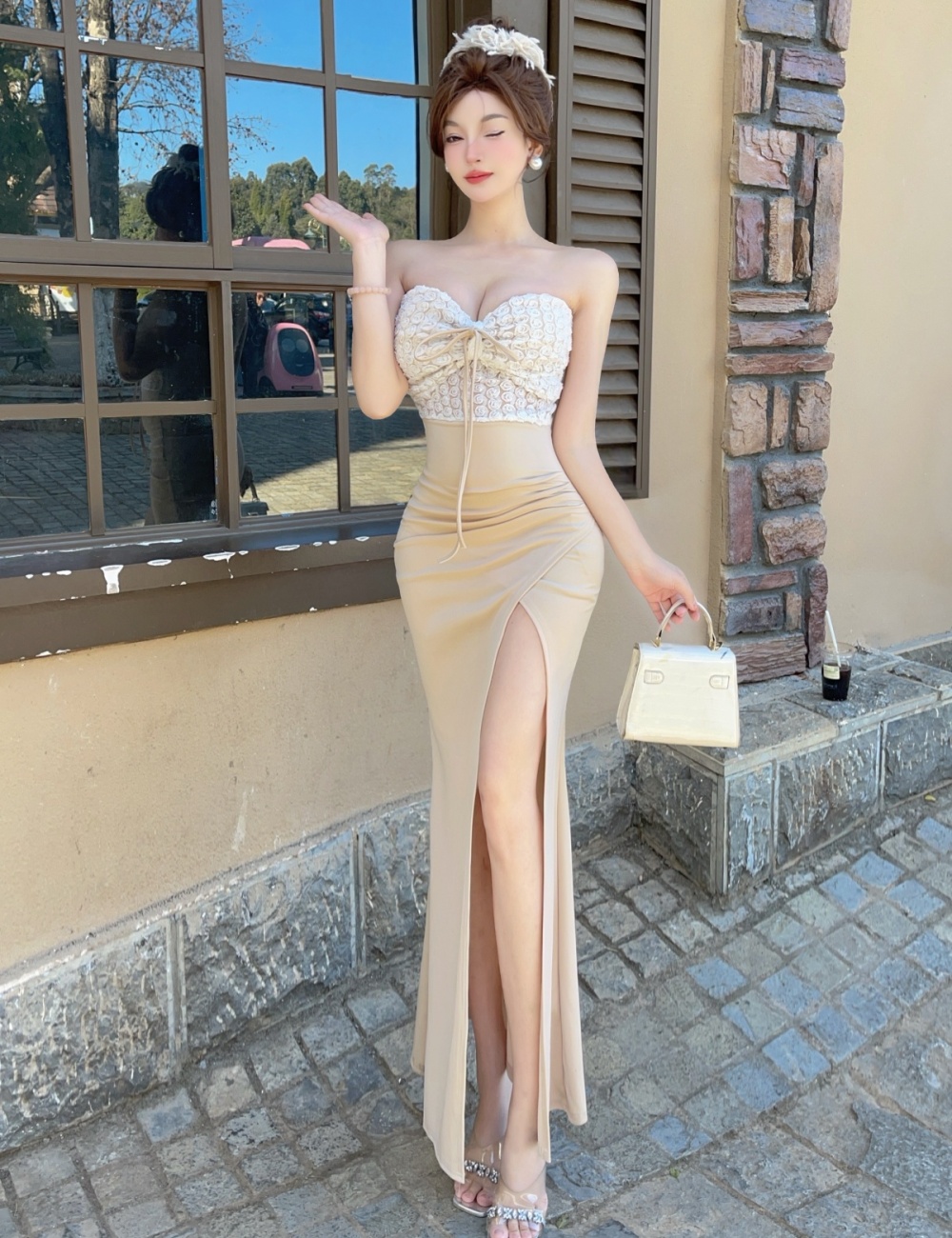 Sling long bottoming splice flowers dress