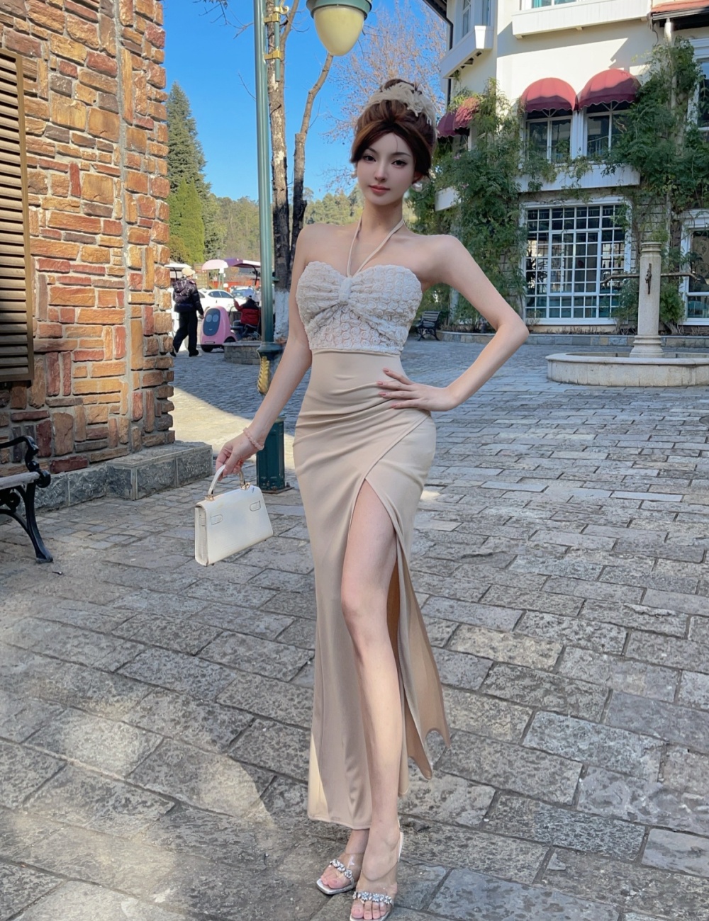 Sling long bottoming splice flowers dress