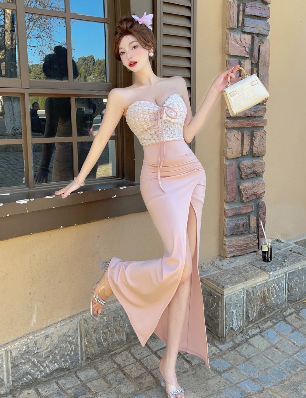 Sling long bottoming splice flowers dress