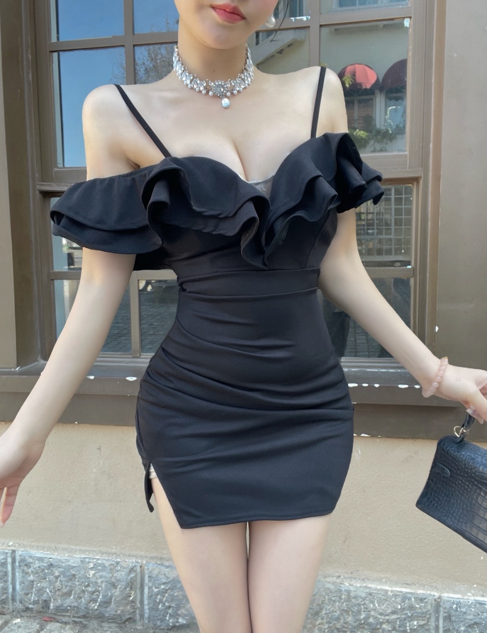 Lotus leaf edges wrapped chest sexy temperament slim sling dress