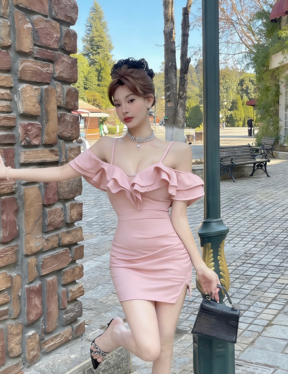 Lotus leaf edges wrapped chest sexy temperament slim sling dress