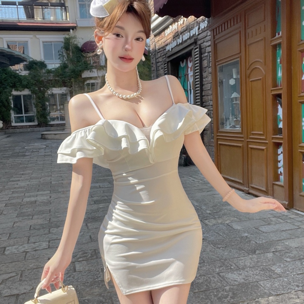 Lotus leaf edges wrapped chest sexy temperament slim sling dress