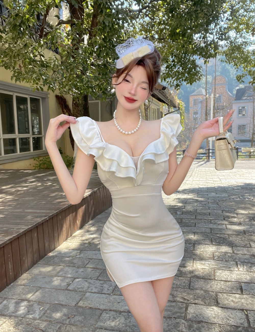 Lotus leaf edges wrapped chest sexy temperament slim sling dress