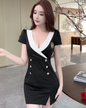 Sexy package hip short sleeve Woolen dress V-neck short dress
